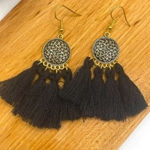 BRAND NEW BOHO Disk Black Fringe Earrings